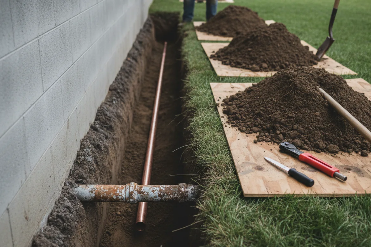 Excavated water line trench during Water Softener Installation in Villa Maria